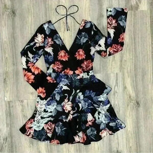 Cooper St Black Floral Long Sleeve V Neck Mini Dress Multi Layer Skirt Size 6